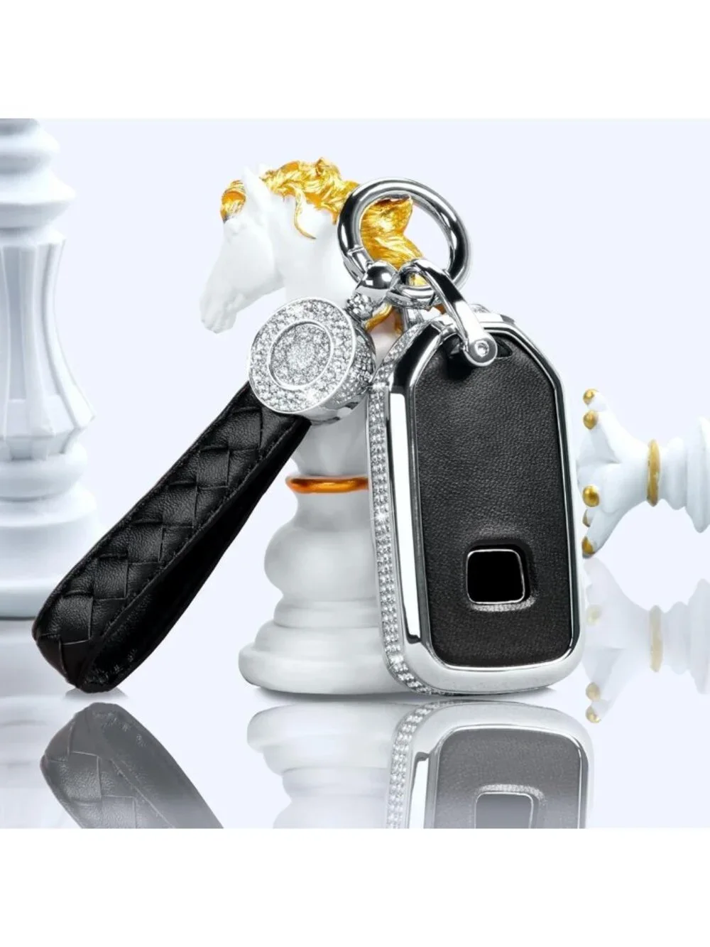 Stylish Black Leather Key Fob Cover with Keychain - Crystal Protection Case for